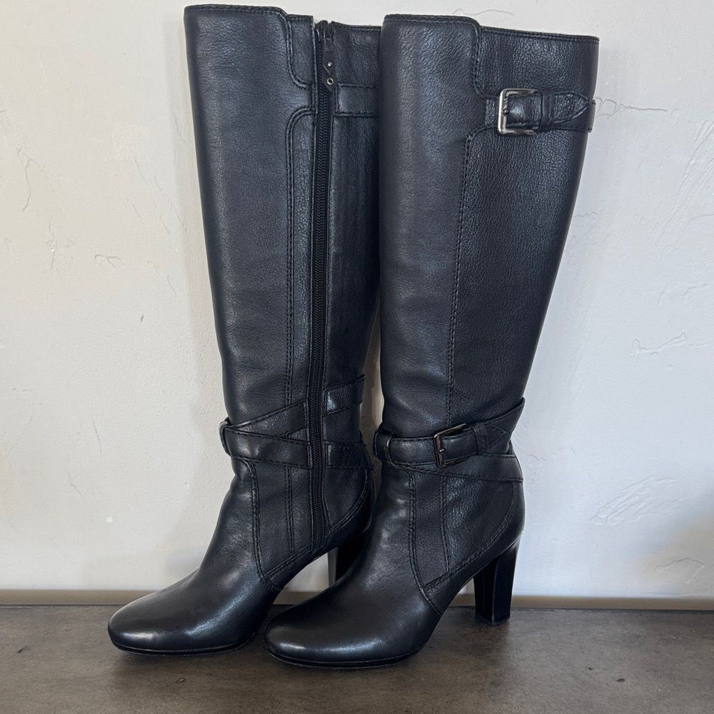 Cole Haan Nike Air Black Leather Knee-Hi Block Heeled Boots Sleek Women’s Sz 5.5